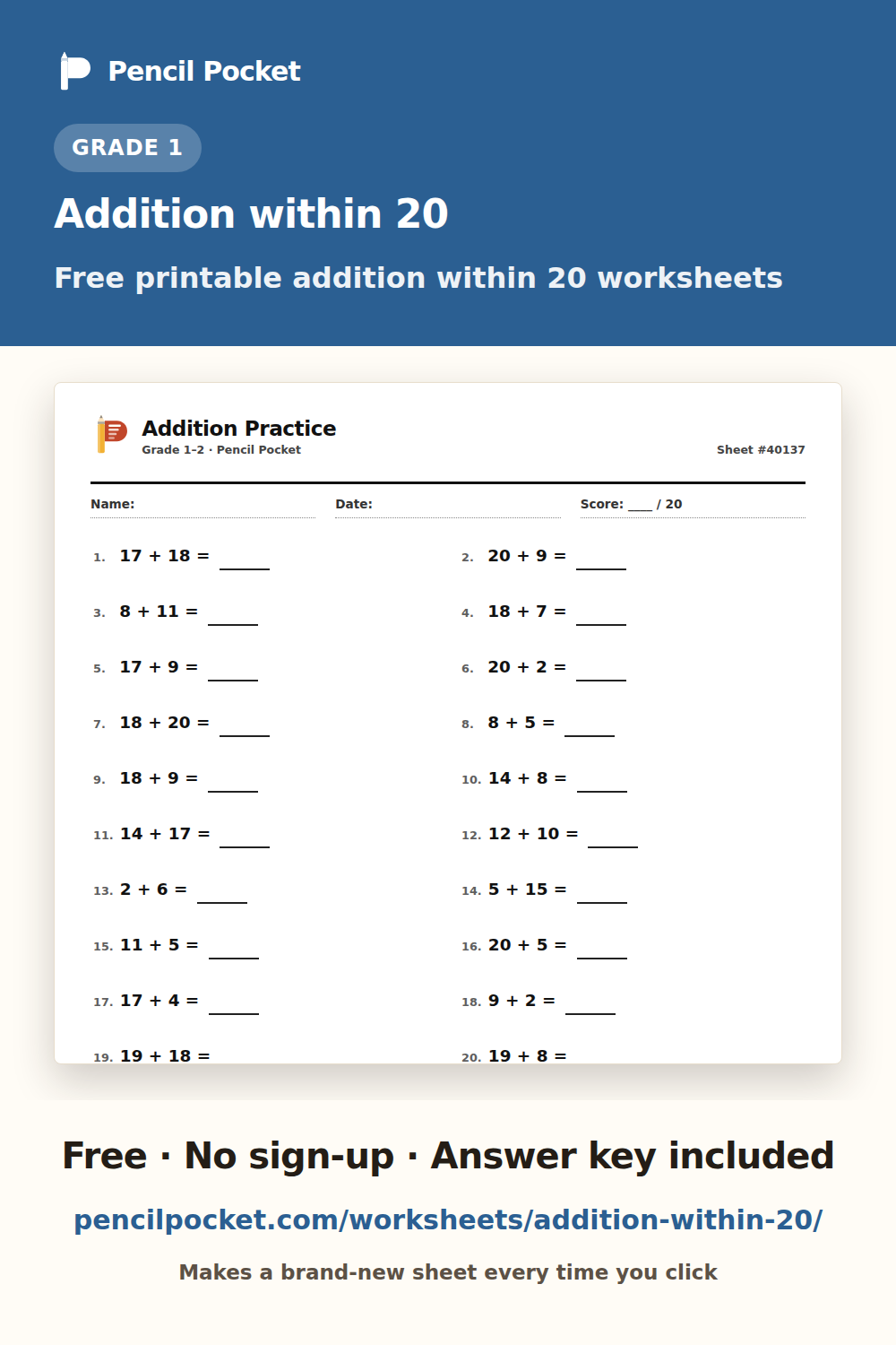 Addition within 20 worksheets from Pencil Pocket — free printable practice for Grade 1