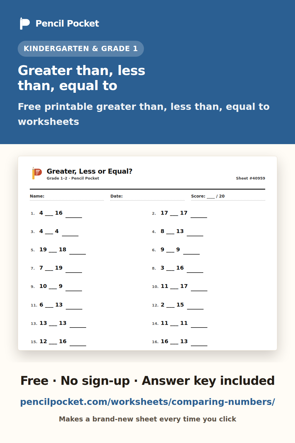 Greater than, less than, equal to worksheets from Pencil Pocket — free printable practice for Kindergarten and Grade 1