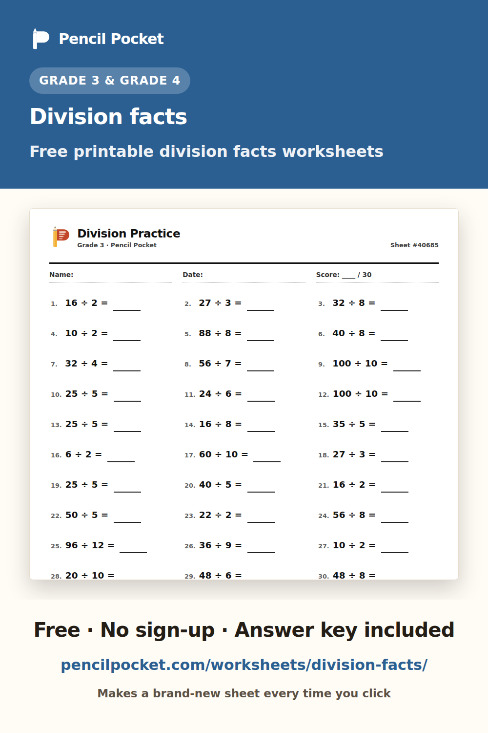 Division facts worksheets from Pencil Pocket — free printable practice for Grade 3 and Grade 4