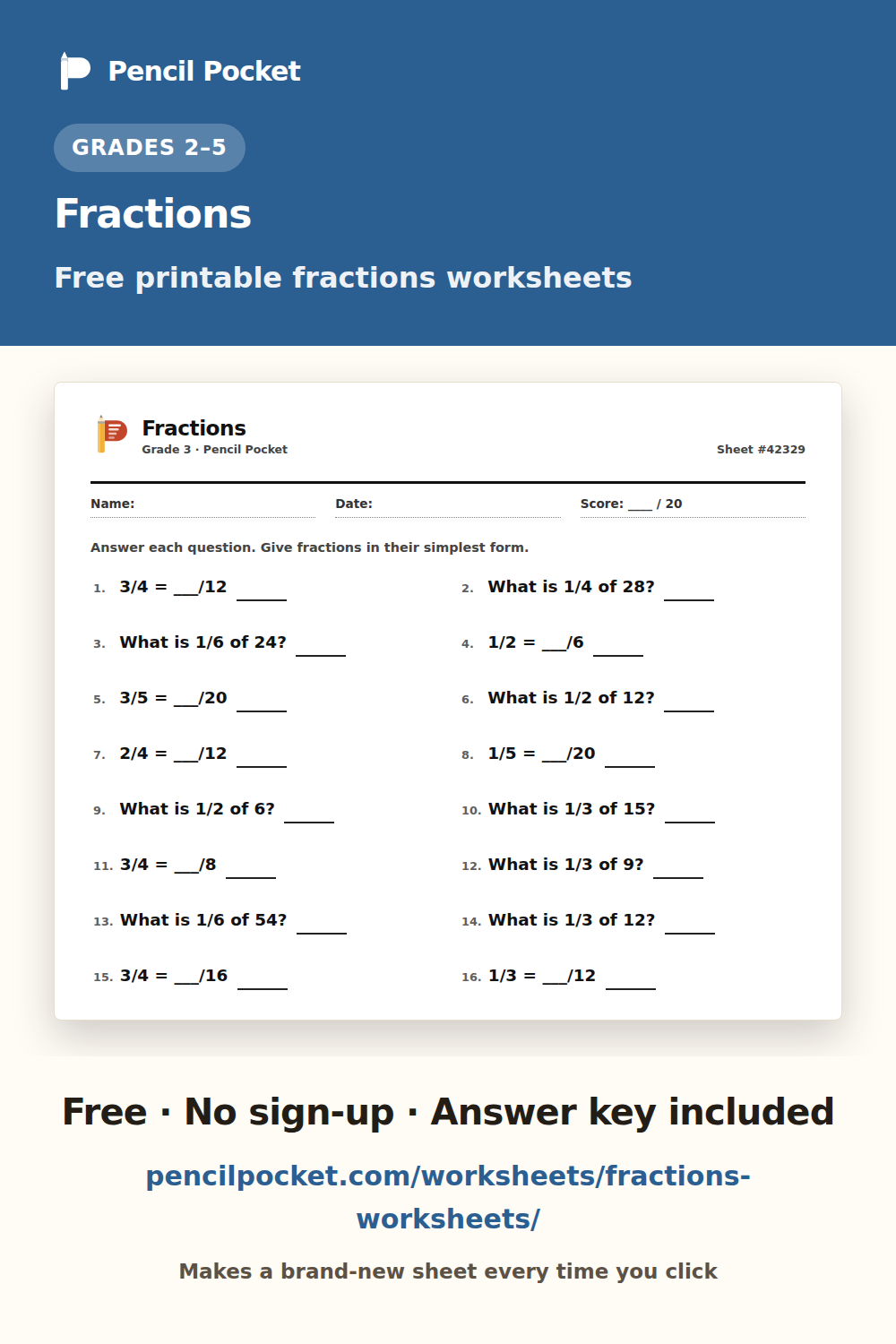 Fractions worksheets from Pencil Pocket — free printable practice for Grade 2 and Grade 3 and Grade 4 and Grade 5