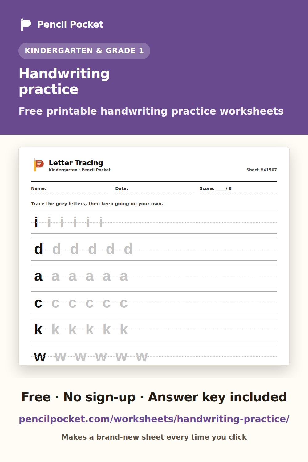 Handwriting practice worksheets from Pencil Pocket — free printable practice for Kindergarten and Grade 1