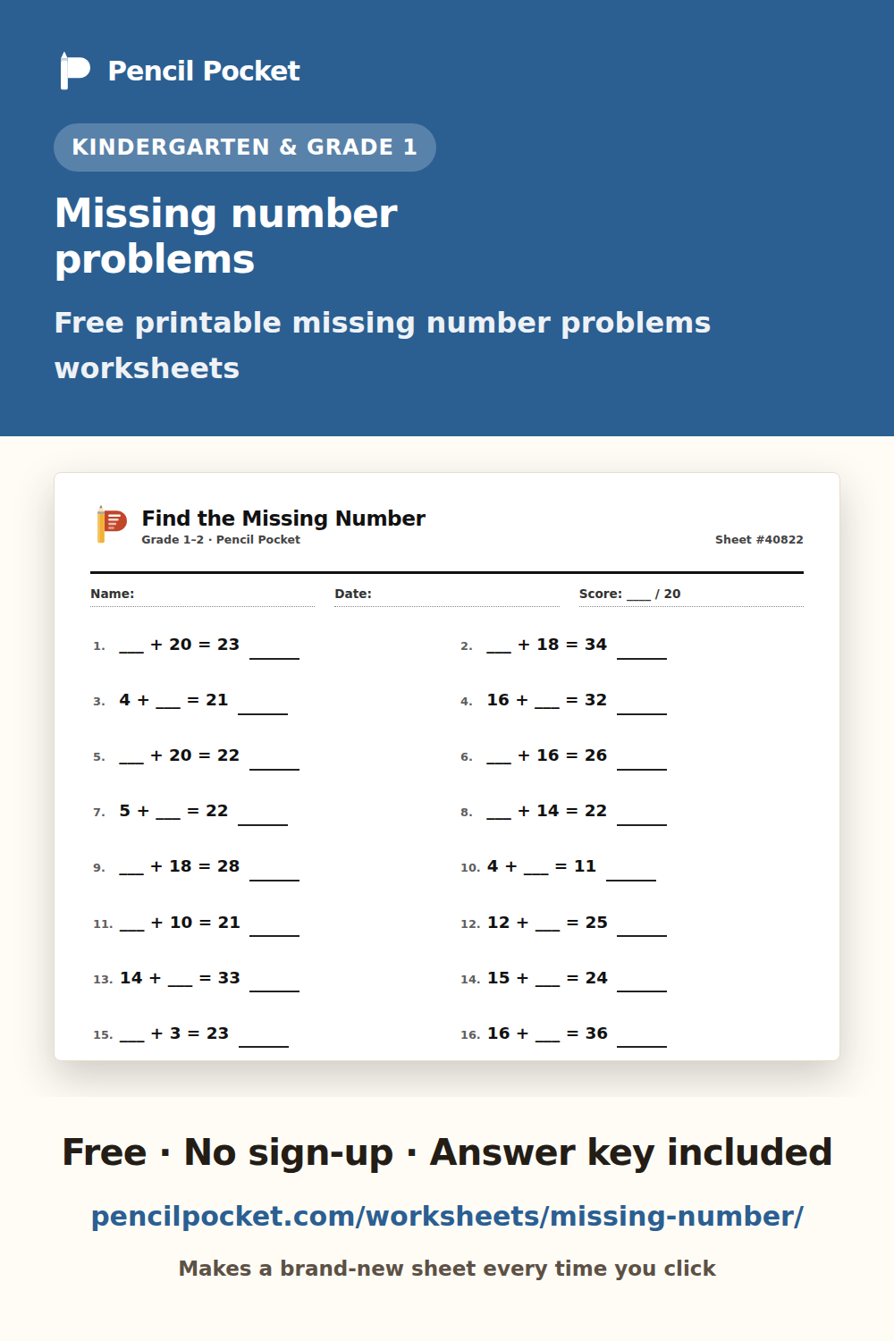Missing number problems worksheets from Pencil Pocket — free printable practice for Kindergarten and Grade 1