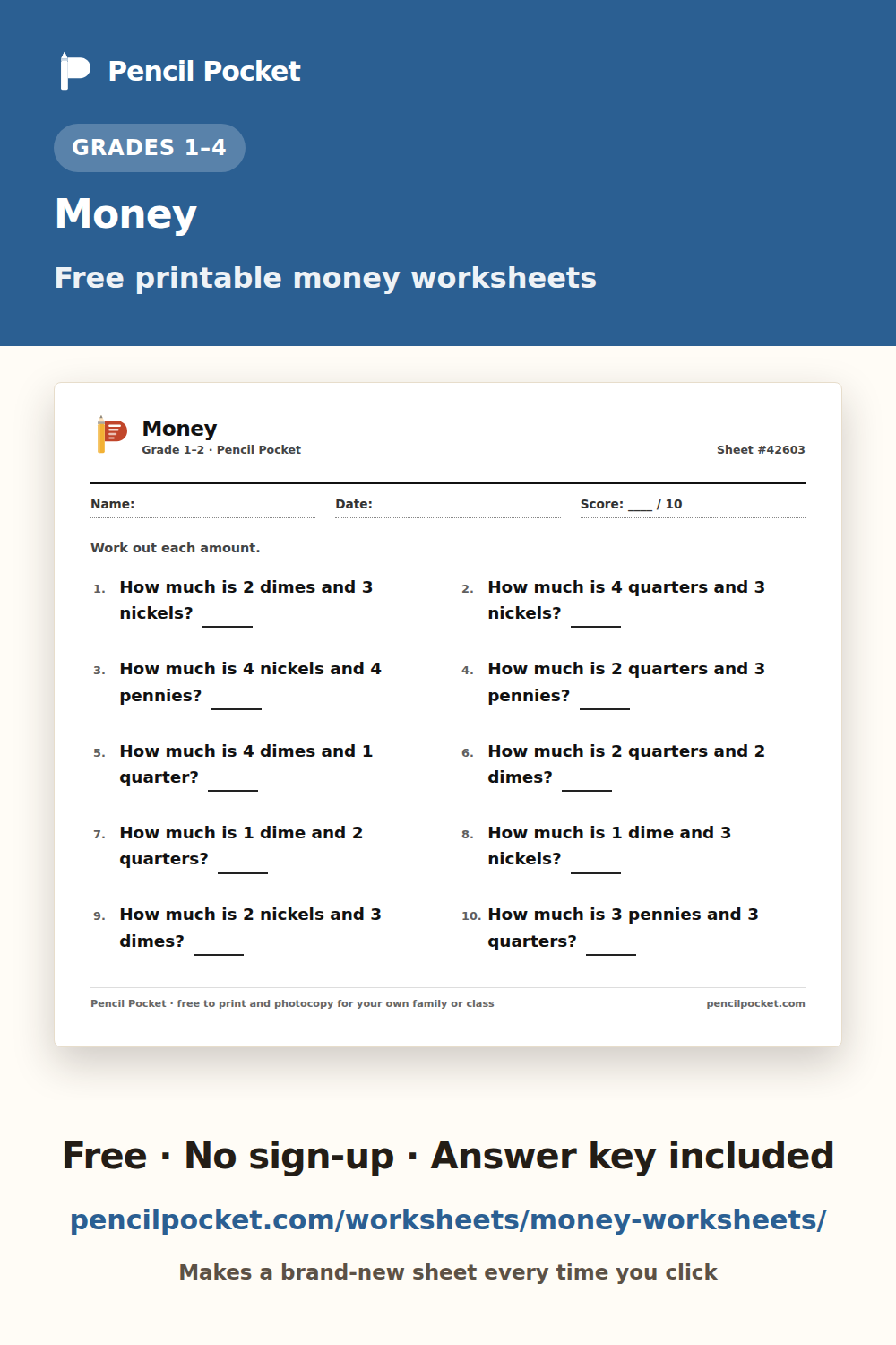 Money worksheets from Pencil Pocket — free printable practice for Grade 1 and Grade 2 and Grade 3 and Grade 4