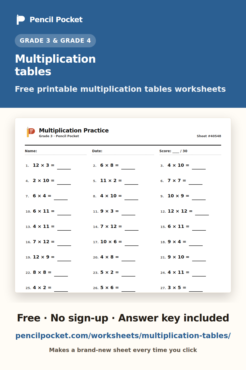 Multiplication tables worksheets from Pencil Pocket — free printable practice for Grade 3 and Grade 4