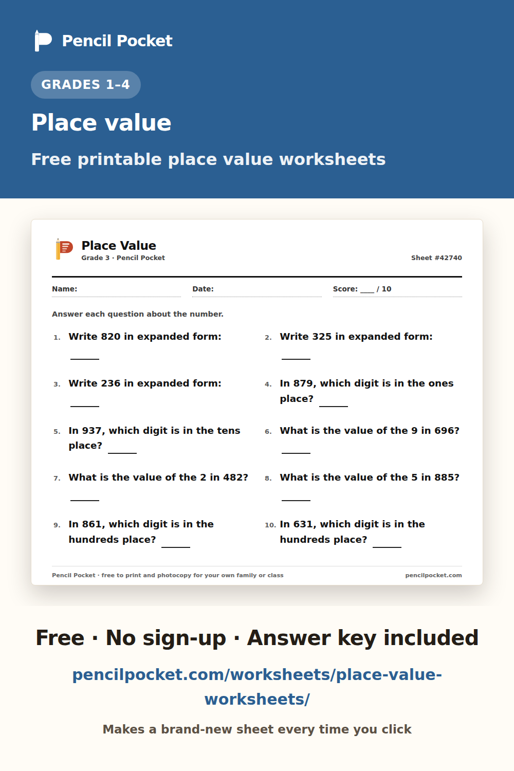 Place value worksheets from Pencil Pocket — free printable practice for Grade 1 and Grade 2 and Grade 3 and Grade 4