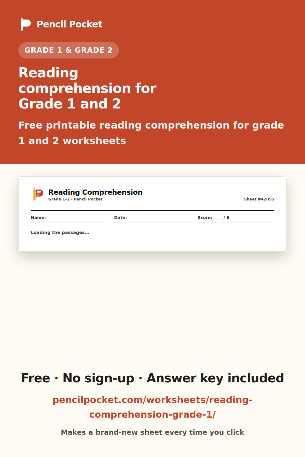Reading comprehension for Grade 1 and 2 worksheets from Pencil Pocket — free printable practice for Grade 1 and Grade 2