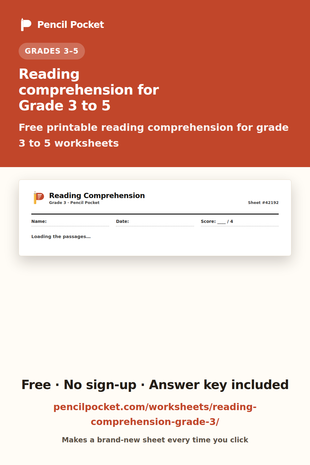 Reading comprehension for Grade 3 to 5 worksheets from Pencil Pocket — free printable practice for Grade 3 and Grade 4 and Grade 5