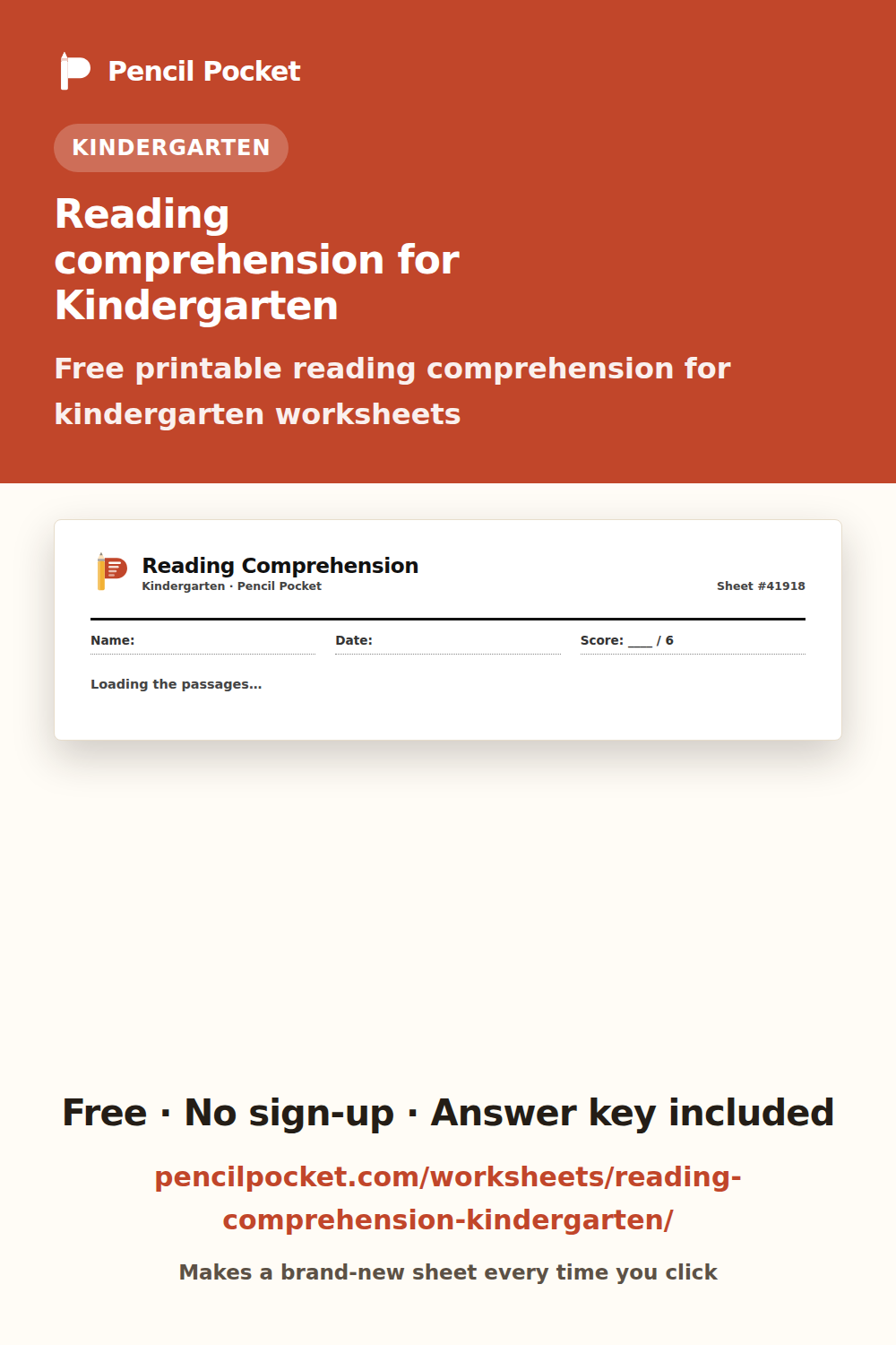 Reading comprehension for Kindergarten worksheets from Pencil Pocket — free printable practice for Kindergarten