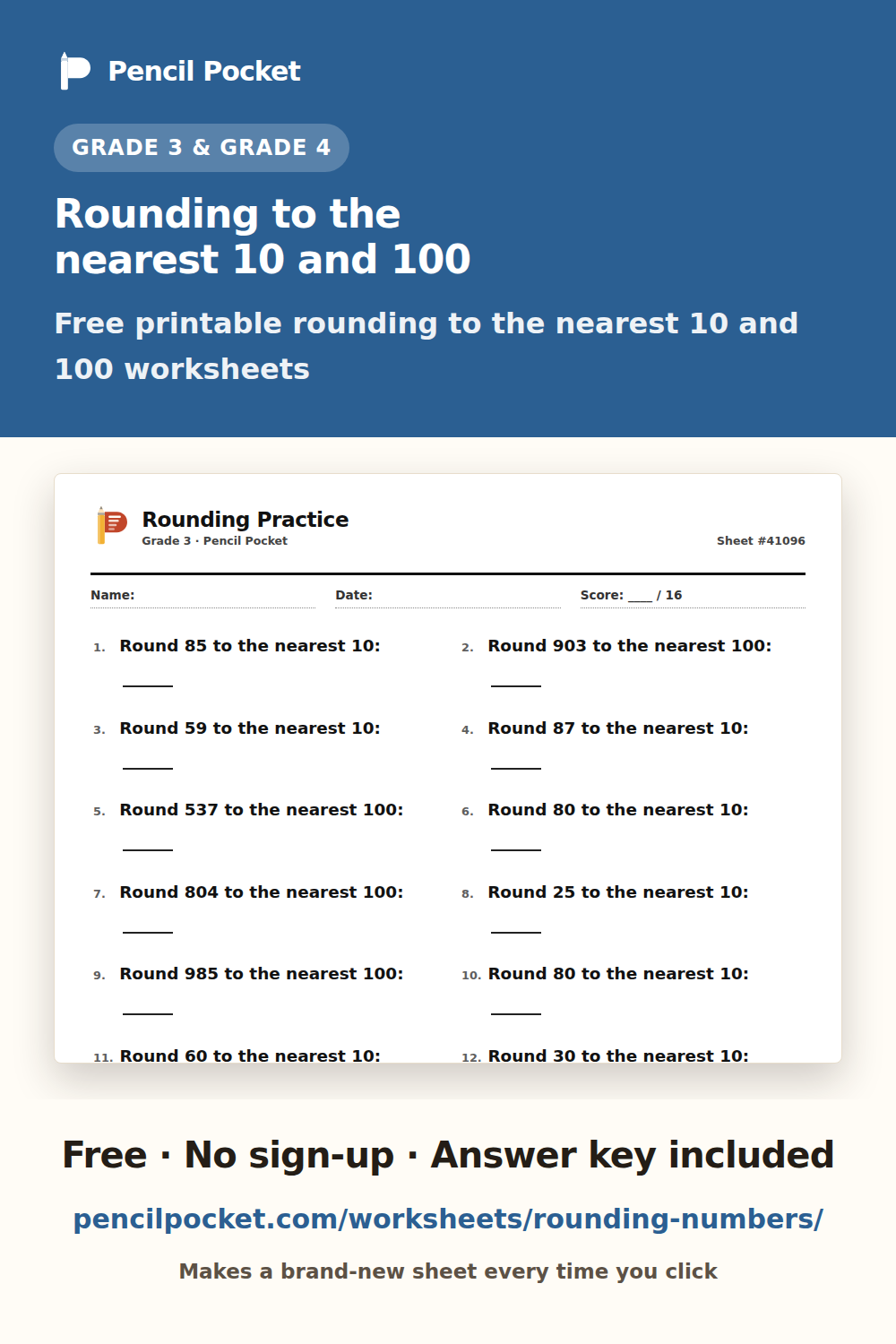 Rounding to the nearest 10 and 100 worksheets from Pencil Pocket — free printable practice for Grade 3 and Grade 4