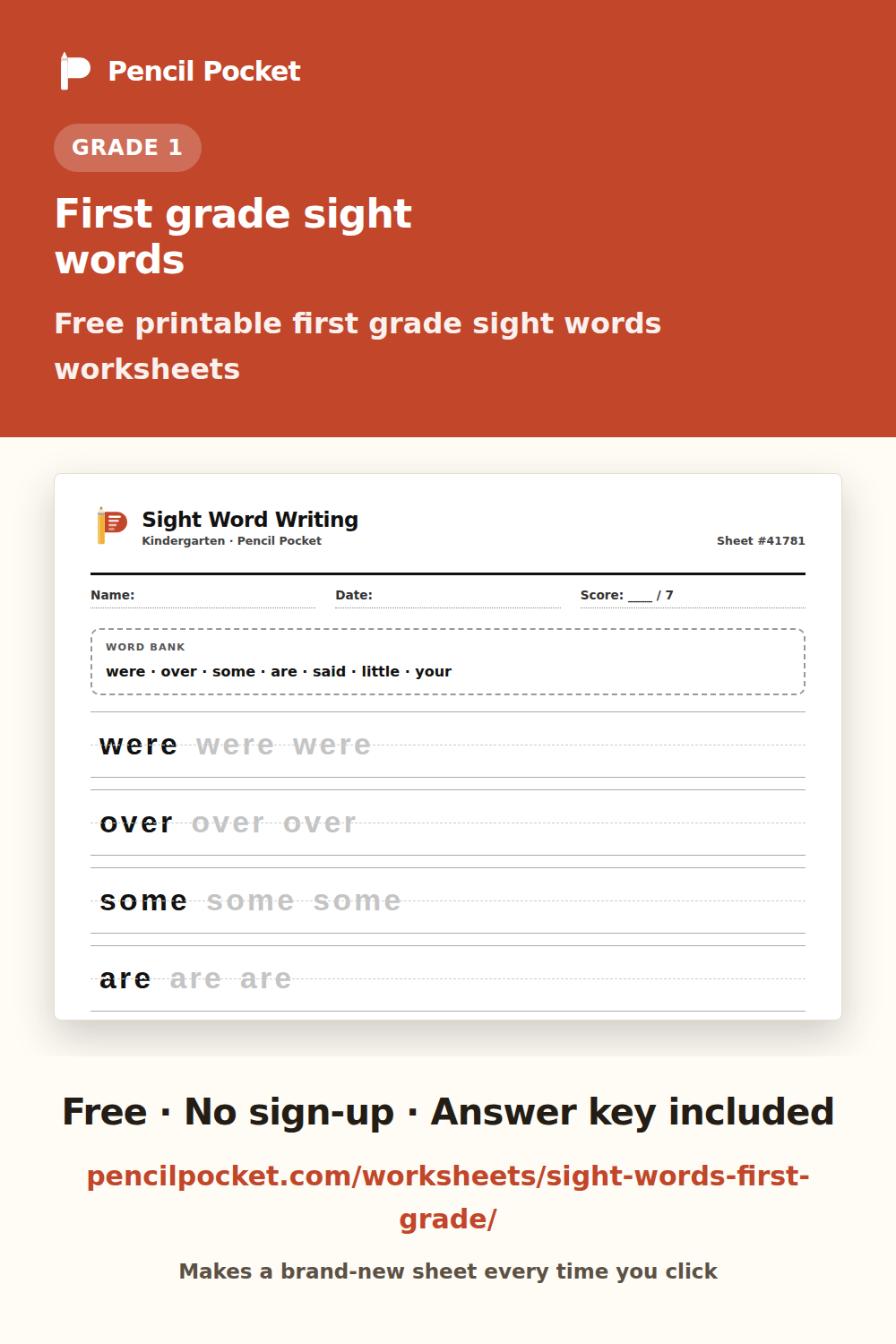 First grade sight words worksheets from Pencil Pocket — free printable practice for Grade 1