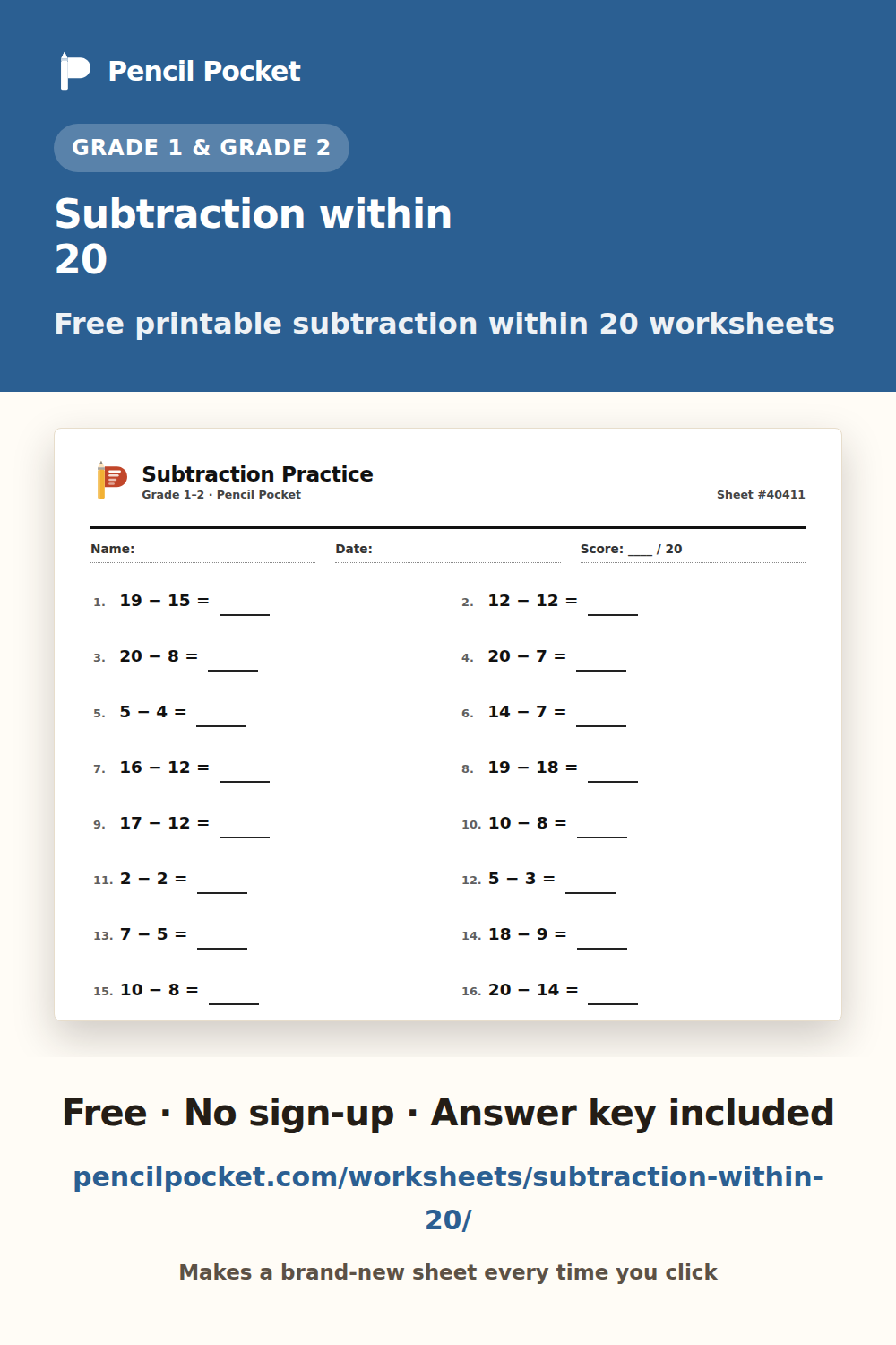 Subtraction within 20 worksheets from Pencil Pocket — free printable practice for Grade 1 and Grade 2
