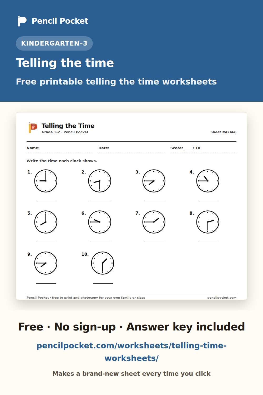 Telling the time worksheets from Pencil Pocket — free printable practice for Kindergarten and Grade 1 and Grade 2 and Grade 3